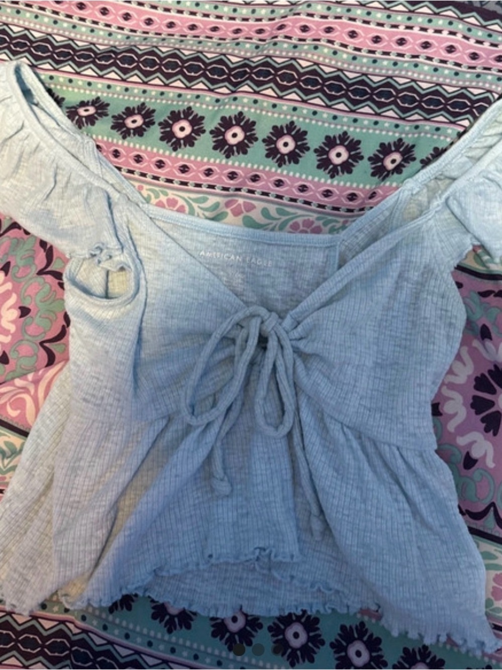 American Eagle Outfitters Pale Blue Ribbed Tie-Front Crop Top
